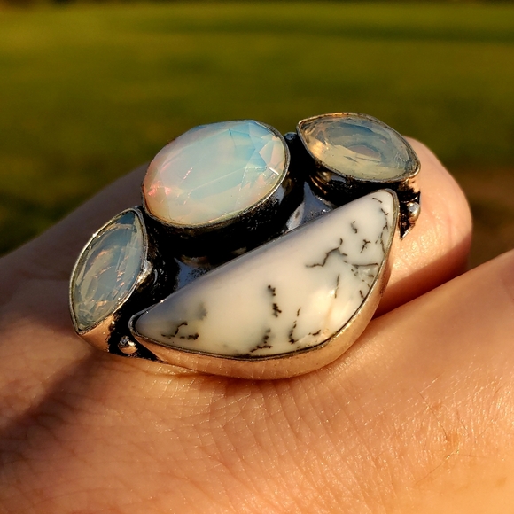 New Dendritic Opal and Milky Fire Opal 925 Silver Ring. - Picture 12 of 16